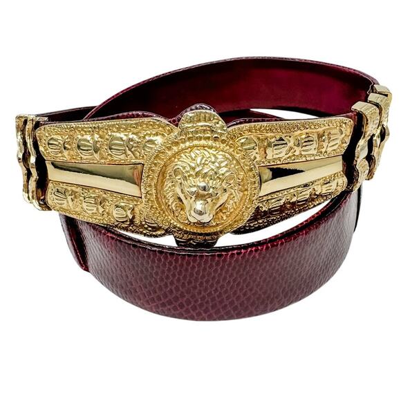 Judith Leiber vintage Lion's Head belt burgundy red leather & gold adjustable OS - Picture 1 of 10